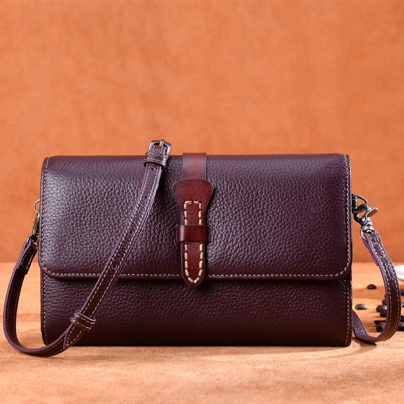 

HUGWISER Vintage Zipper Slim Women Long Wallet Shoulder Messenger Bag Korean Version Premium Leather Small Square Bag Pure Lady