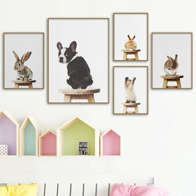Baby-Animal-Stand-On-Chair-Poster-Rabbit-Dog-Cat-Canvas-Painting-Nursery-Wall-Art-Nordic-Picture
