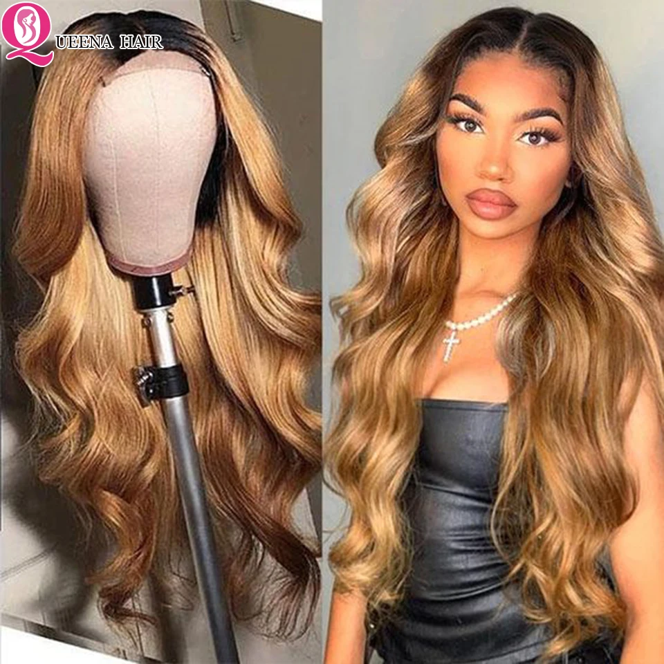 Rubia peluca con malla frontal marrón dos tonos pelucas de cabello humano Ombre cuerpo onda de encaje frente Peluca de pelo humano de la onda del cuerpo indio cierre peluca 180