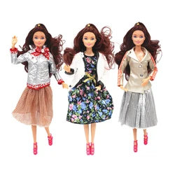 Vêtements d'automne et d'hiver pour Barbie, ensemble de 2 pièces, tenues à la mode, manteau en cuir, imprimé de fleurs, robes, accessoires de maison de poupée de 30cm 