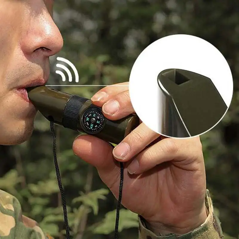 7in1 Emergency Survival Whistle Compass Multifunction Tool Magnifier Flashlight Storage Container Thermometer for Camping Hiking