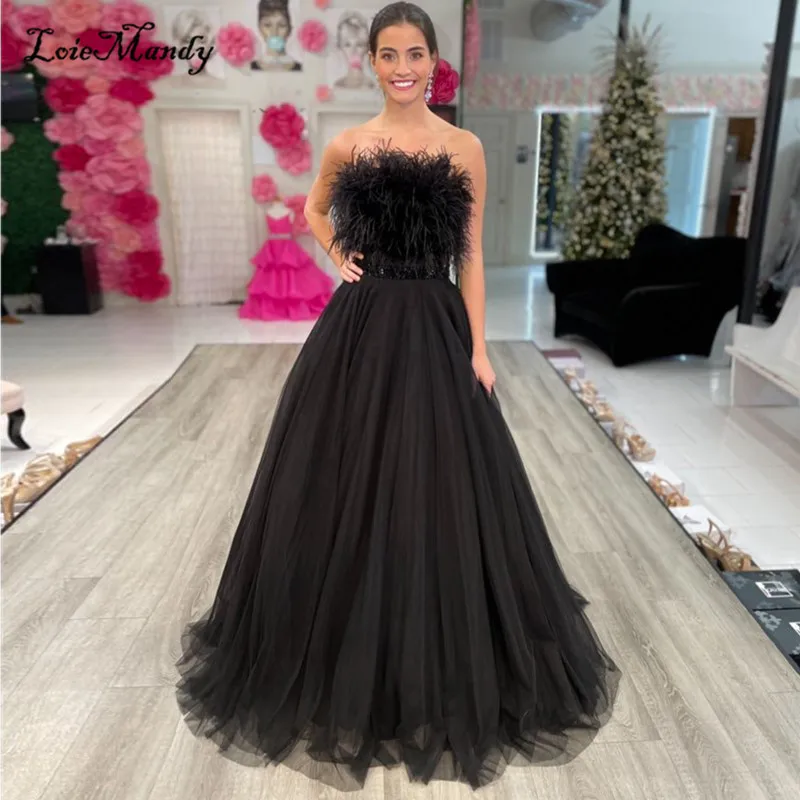 Luxury-Feathers-Black-Evening-Dresses-For-Women-Soft-Tulle-Long-Prom ...