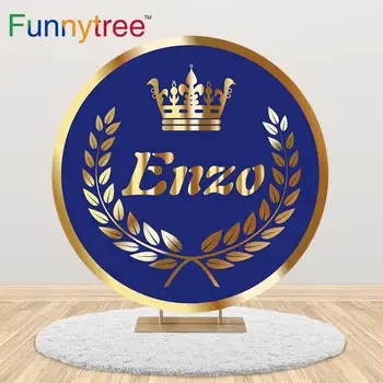 

Funnytree Round Background Blue Birthday Circle Backdrop Gold Crown Olive Branch Frame Back to School Season Tablecloth Cover