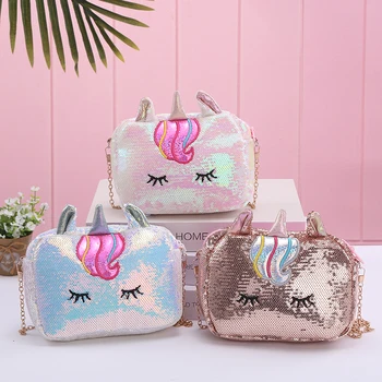 

Children's New Unicorn Bling Mermaid Sequined Cute Shoulder Bag Chain Cross shoulder bag Sequin Unicorn PU Children Bag