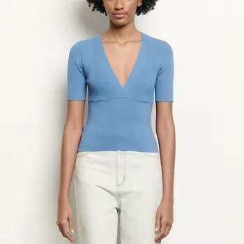 

Runway Sexy V-Neck Solid Women T-Shirt Tops Summer Slim Fit Female Knitted Short Sleeve Top Shirts Elegant Party Ladies Tshirt