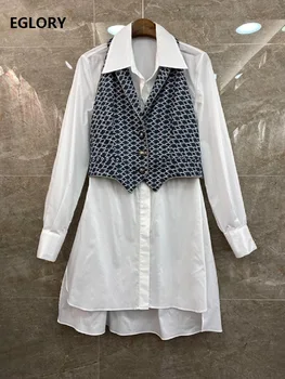 

High Quality New 2020 Summer Casual Work Suits Women Geometric Print Vest Coats+Long Sleeve White Shirt Dress Set Two Piece