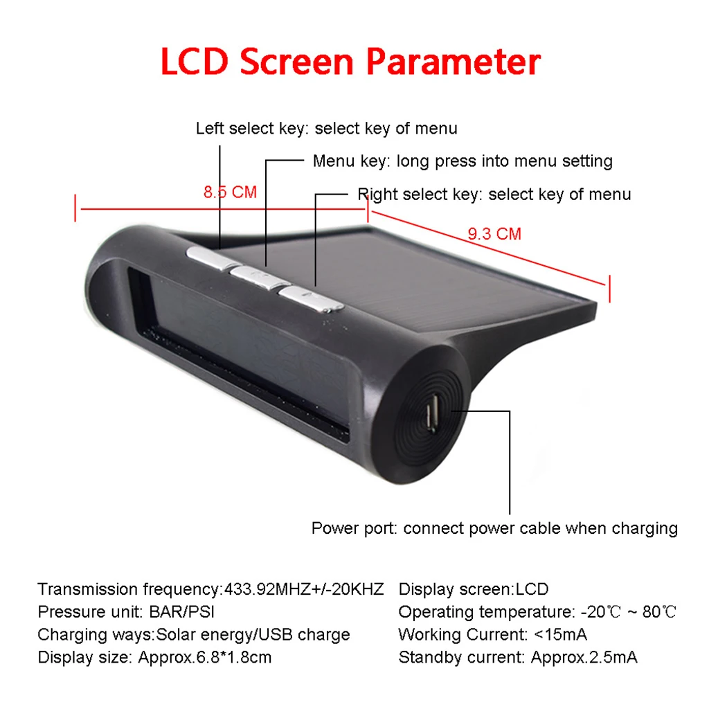 TPMS Solar Power Car Tire Pressure Alarm Monitor System Digital LCD Real-time Display Auto Security Alarm Systems Tyre Pressure