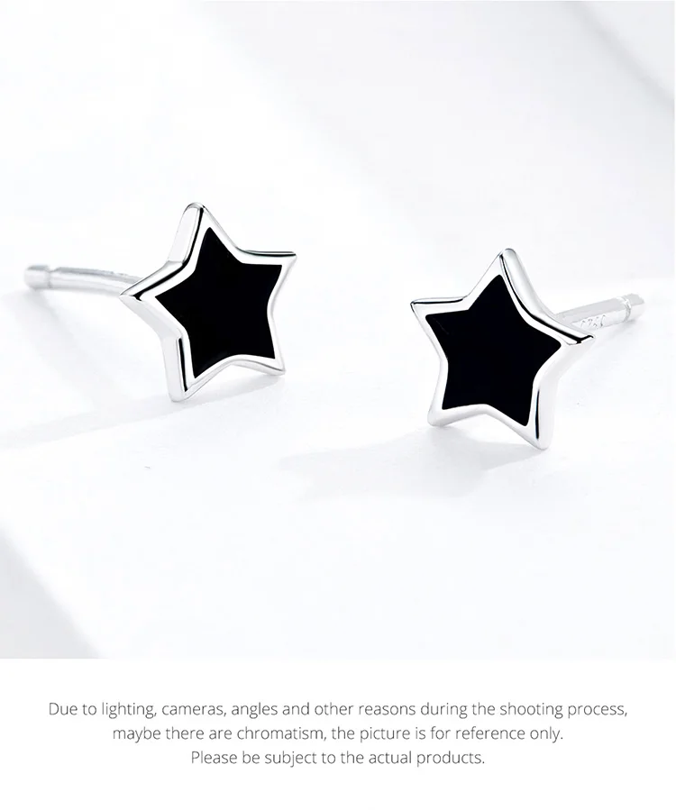 VOROCO Real 925 Sterling Silver Stud Earrings Pentagram Five-pointed Star Black Fine Jewelry for Women Unisex BNE275