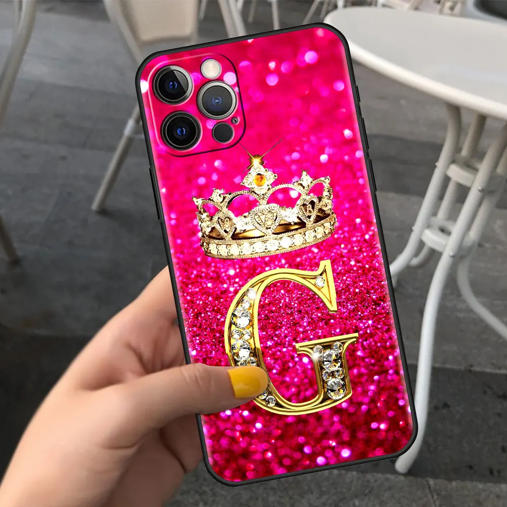 Pink Diamonds Letter Phone Case for Apple iPhone 11 7 12 13 Pro XR X XS Max 6 6S 8 14 Plus Soft Cover Shockproof Funda 14mini
