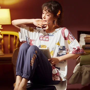 

New Cotton Pyjamas Sleepwear Women Pajamas Sets Cute Printing Pijamas Female Nightwear Summer Crew Neck Soft Homewear