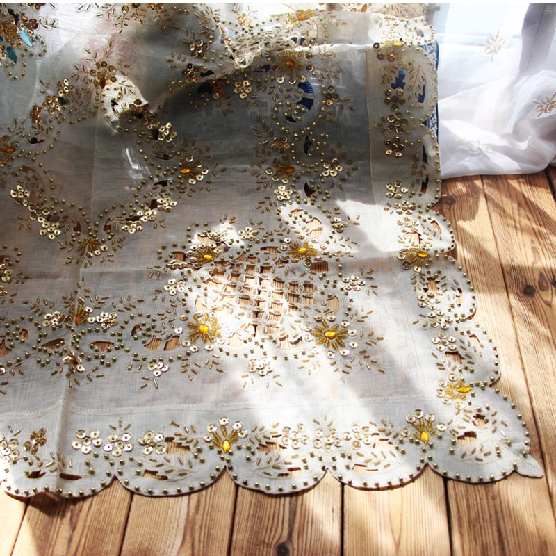 Square 85cm European Linen Fabric Hollow Beaded Embroidery Tablecloth Furniture Electrical Dust Cover Cloth mantel nappe tapete
