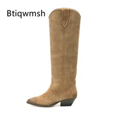 Г., замшевые ботфорты в стиле ретро женские туфли на высоком каблуке с острым носком и вышивкой Женские ковбойские сапоги