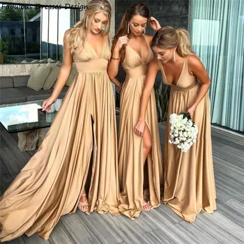 

2020 Sexy V Neck Bridesmaid Dresses A Line Open Back Split Women Long Wedding Party Dress Vestido De Fiesta De Boda