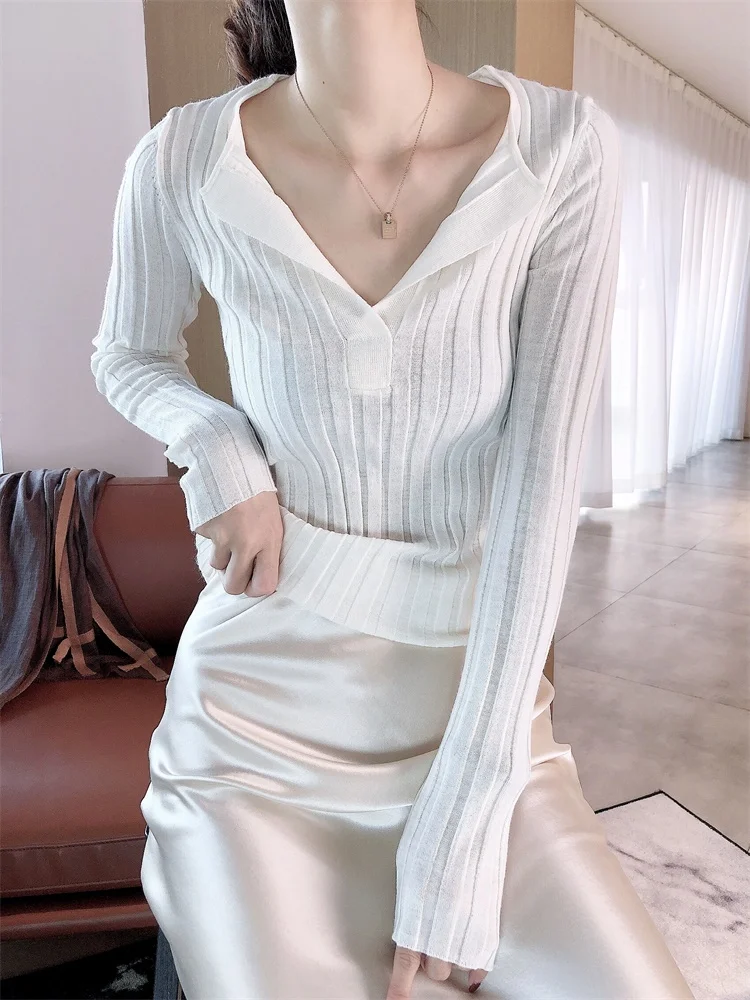 Women Sweaters Spring Cut Deep V Slim Silk Wool Cashmere Knit Top