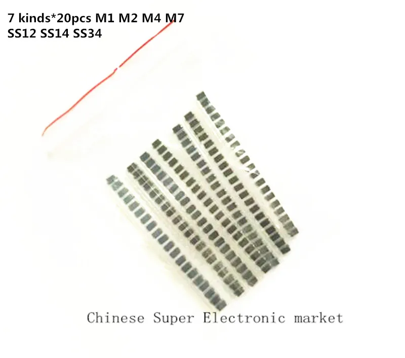 7 видов * 20 шт. = 140 шт./лот упаковка диодов SMD/M1 (1N4001) / M2 (1N4002) /M4(1N4004)/ M7 (1N4007)/ SS12 SS14 SS34 |