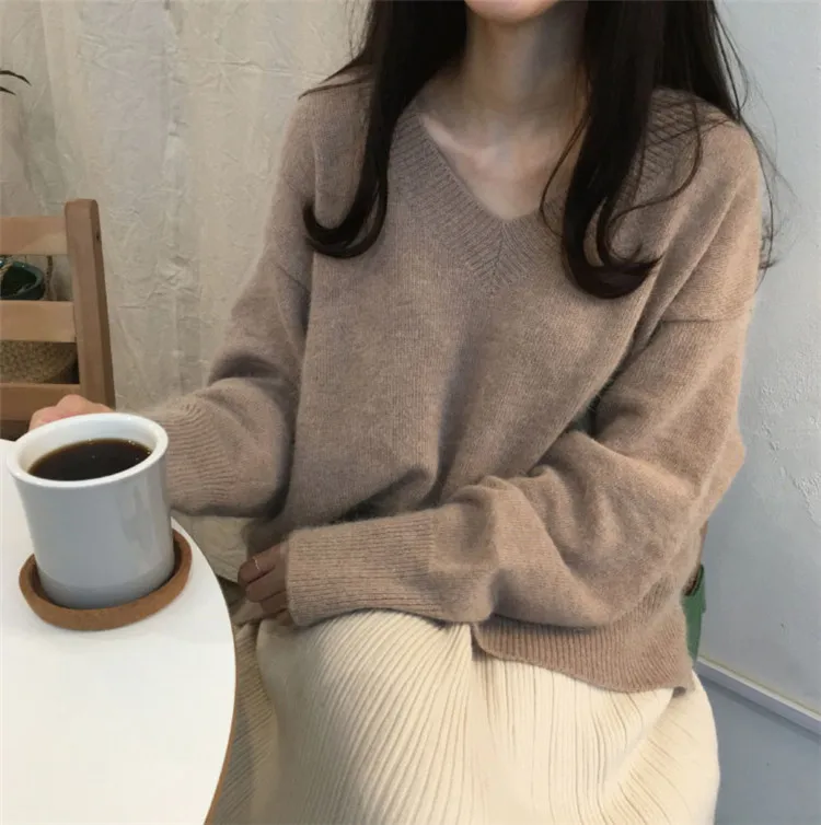 oversize sweater women ribbed knitted V neck loose pullovers casual solid autumn winter clothes women green pink black 2