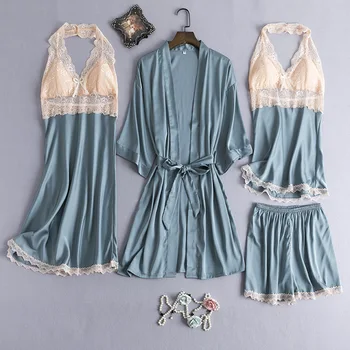 

Female Satin Sleepwear Casual 4PCS Pajamas Suit Lace Patchwork Nightwear Pijamas 2020 New Intimate Lingerie Sexy Homewear
