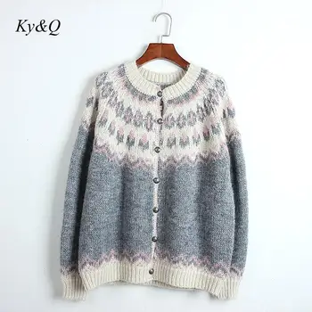 

2019 Winter Brand Christmas Cardigan Elegant Geometric Pattern Wool-blend Sweater O-neck Long Sleeve Single Breasted Outwear