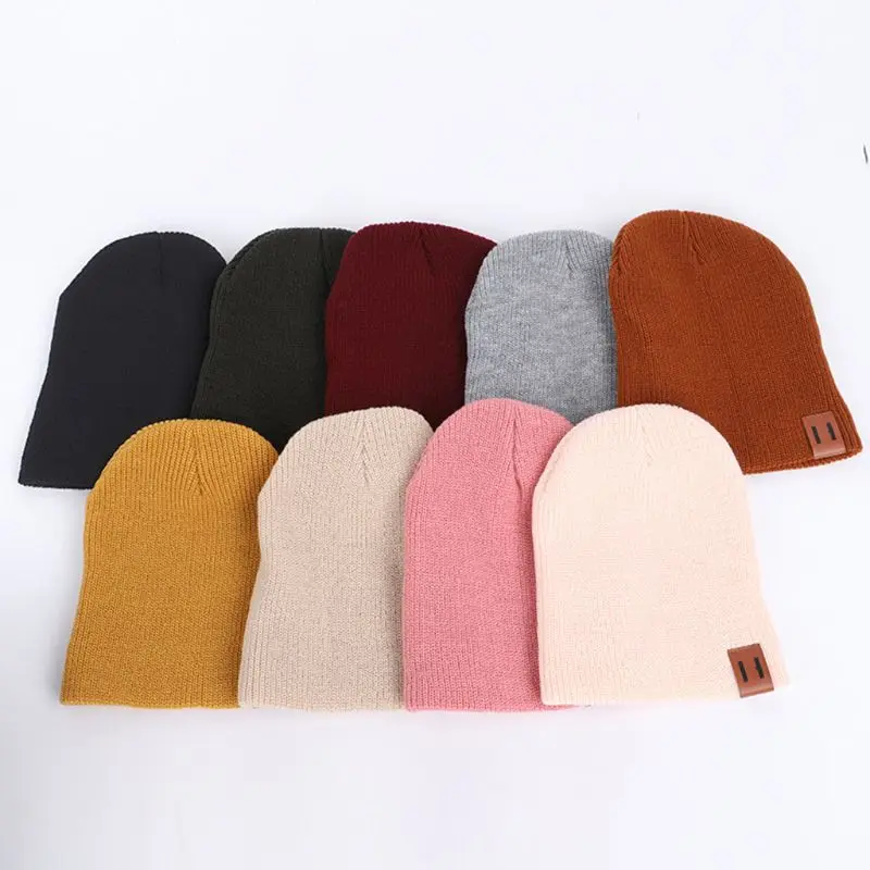 

Adult Kids Winter Ribbed Knitted Hat Vertical Striped Parent-Child Cuffed Slouchy Beanie Cap Faux Leather Patch Ear Warmer