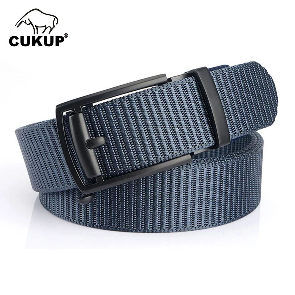 

CUKUP 2020 Men's Unique Design Fake Automatic Buckle Metal Quality Blue Nylon & Canvas Belts Men Accessories 3.5cm Width CBCK274