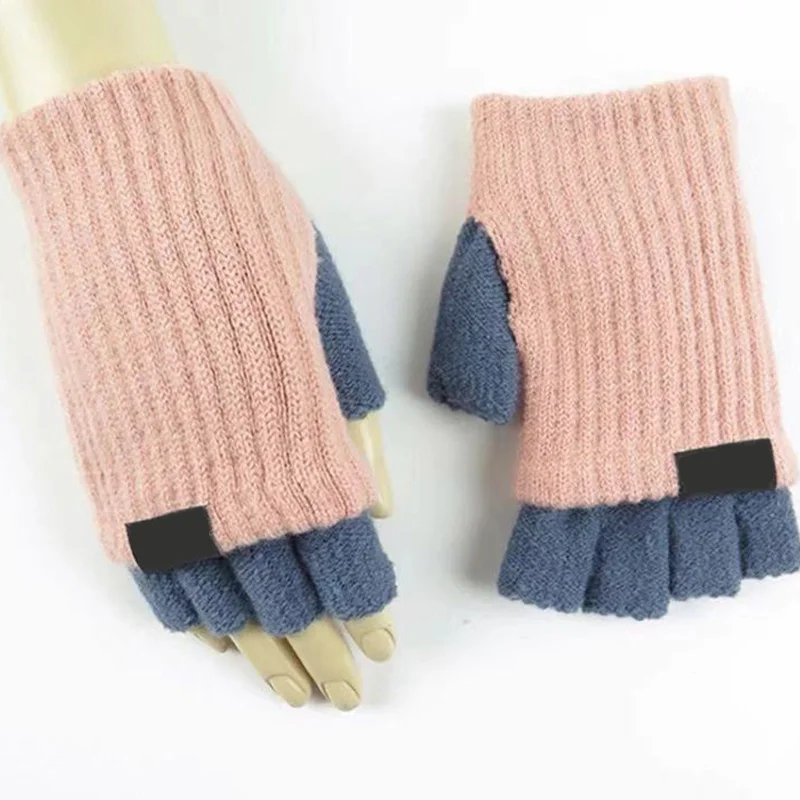 Стиль, женские модные перчатки на полпальца, сохраняющие тепло, вязаные перчатки для зимы, удобные женские перчатки - Цвет: pink blue