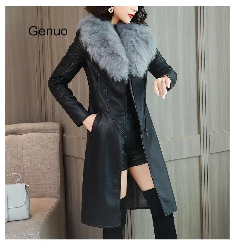 Women's Leather Jacket For Winter 2019 New Plus Velvet Warm Slim Big Fur Collar Long Leather Coat Female Outerwear M-4XL