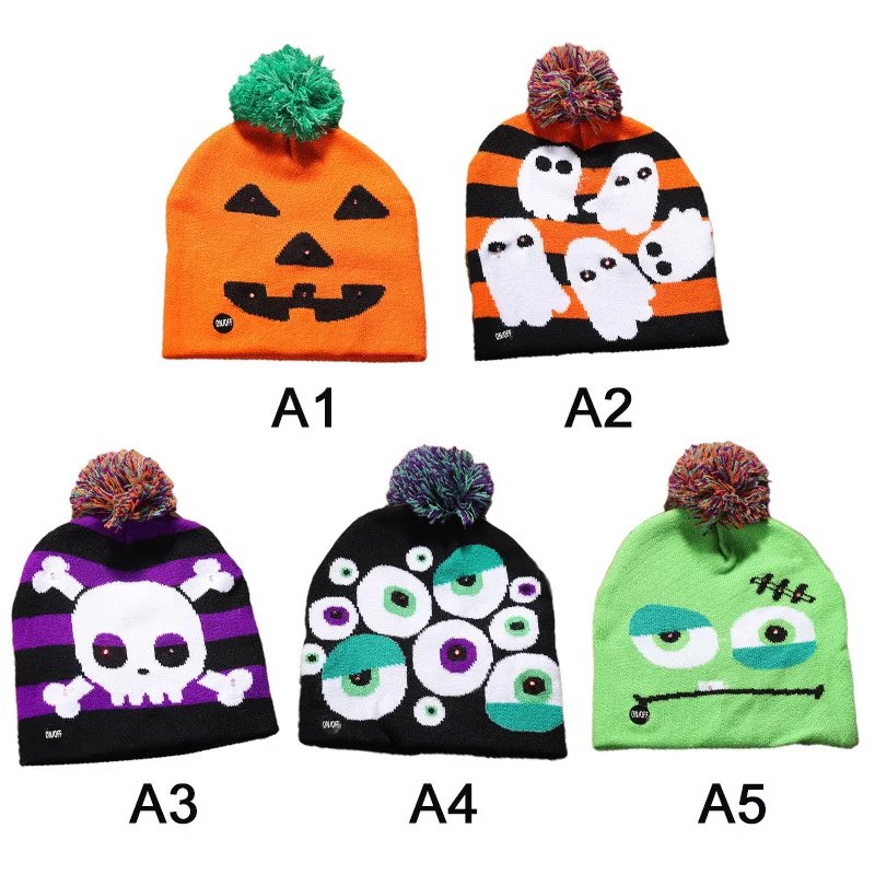 

LED Glowing Halloween Party Decor Pumpkin Knitted Hat Ghost Skull LED Halloween Hat Luminous Party Supplies Stretchy Pumpkin Hat