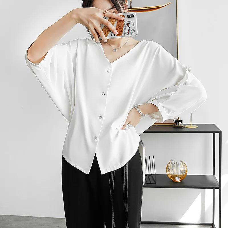 

Summer Autumn 2020 Simple V-neck Lantern Sleeve Shirt Thin Solid Color Loose Chiffon Cardigan Blouse Plus Size Women Clothing