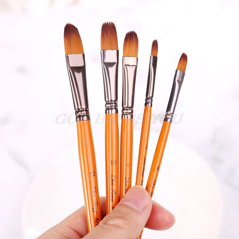 5pcs Filbert Paint Brushes Nylon Hair Watercolor Gouache Paintbrushes Art Tools