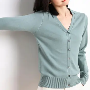 

Women Solid Color V Neck Button Long Sleeve Knitted Cardigan Thin Sweater Coat