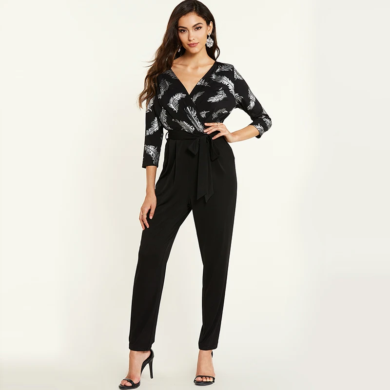 YOINS Spring Autumn Women Sexy Deep V Neck Crossed Front Tie-up Jumpsuit Female Elegant Office Trousers Outfits Femme Black