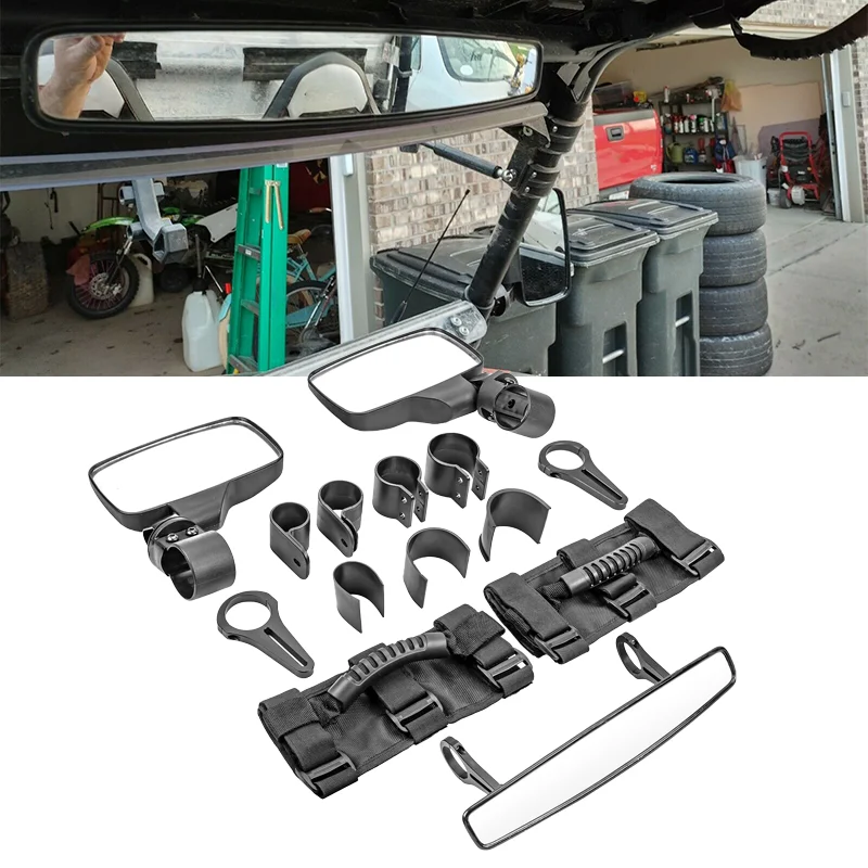 UTV Roll Cage Bar Rear Side Wide Angle View HD Mirror Kit & Grip For Polaris RZR Yamaha Raptor 700 Maverick x3 Can Am Outlander universal 300mm wide angle convex interior clip on car truck rear view mirror