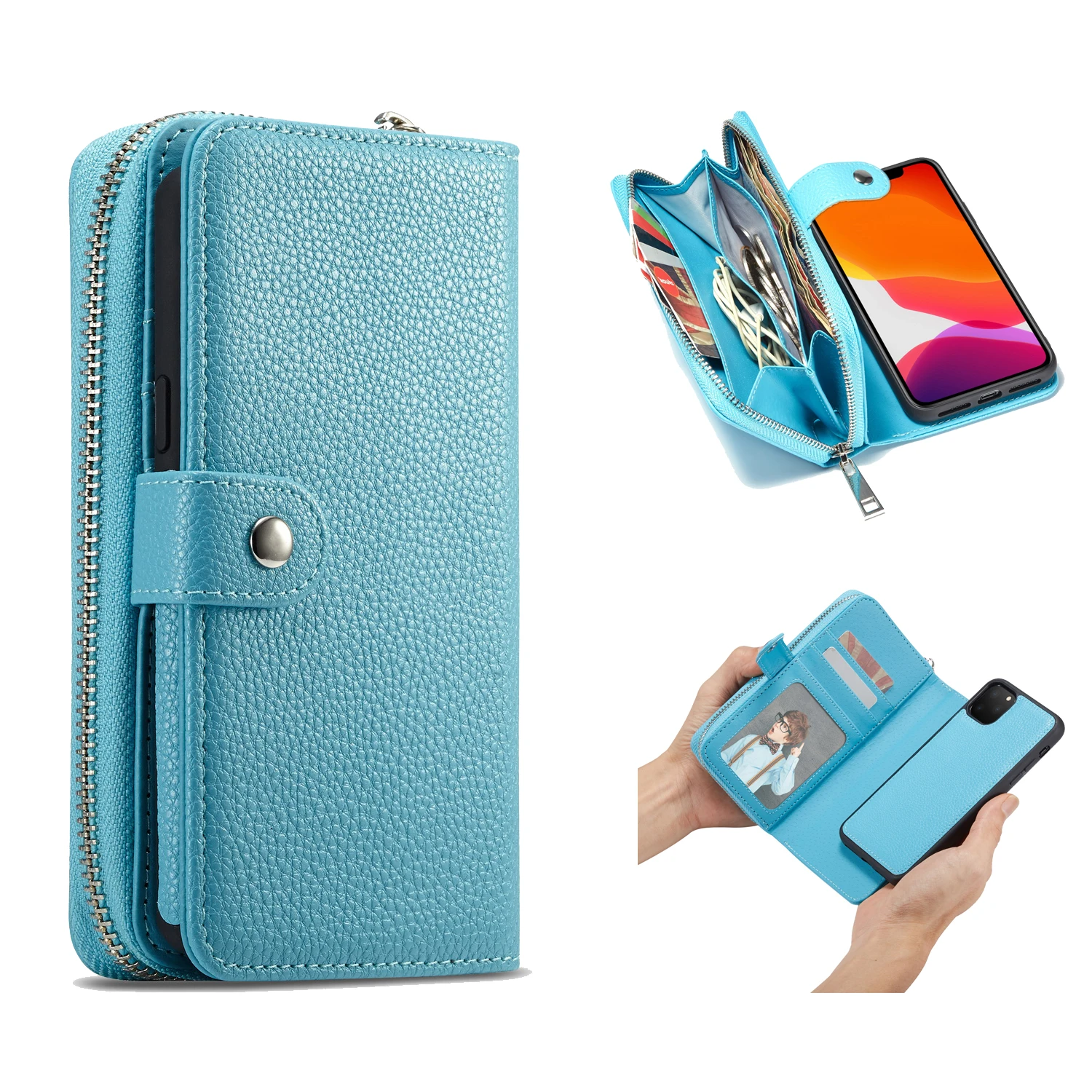 

for iPhone 11 Pro Max Xs Max XR 8 Plus 7 Plus 6s 6Plus PU Leather Litchi pattern Fashion Phone Case Zipper Wallet Cover 5 Colors