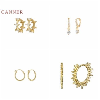 

CANNER Real 925 Sterling Silver Earrings For Women Round Bead Geometric Simplicity Earrings Hoops Diamond Jewelry Pendientes