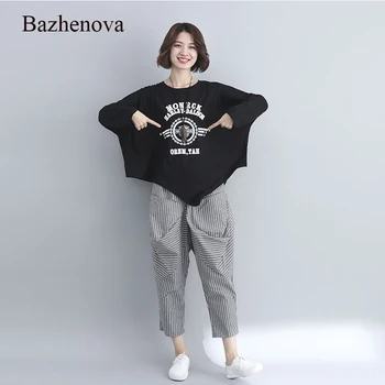 

Bazhenova 2019 Autumn Casual Women Two Pieces Set Irregular Printing Long Sleeve T Shirt + Cotton Nine Part Pants Woman 's R064