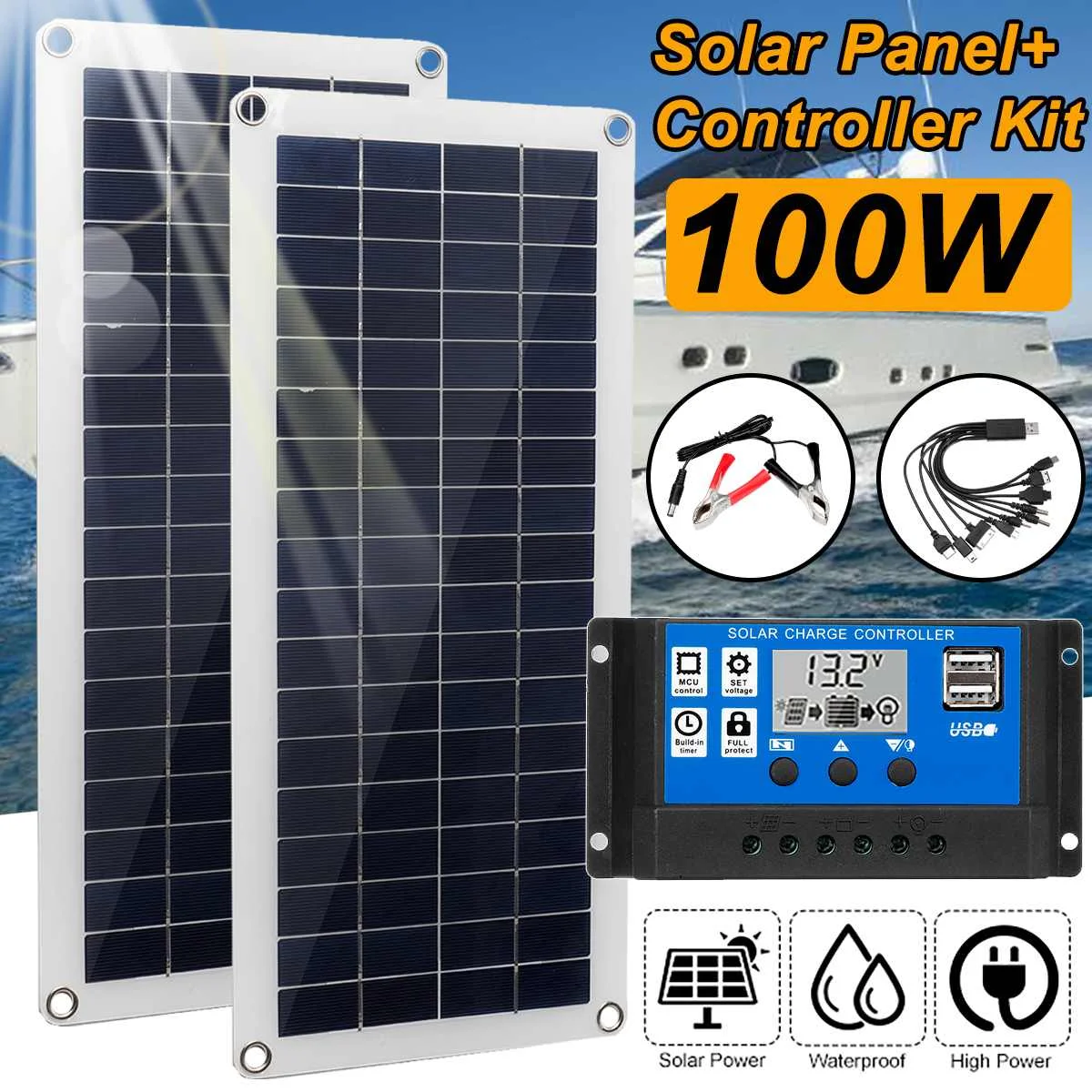 100W Solar Panel Kit Dual 12V USB With 60A 100A Controller Solar Cells Poly Solar Cells for Car Yacht RV Battery Charger - ANKUX Tech Co., Ltd