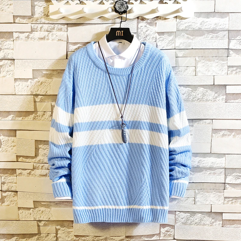 Winter Sweater Men Warm Fashion Contrast Color Casual Knit Sweater Clothes Man Streetwear Loose Long-sleeved Pullover Men M-4XL