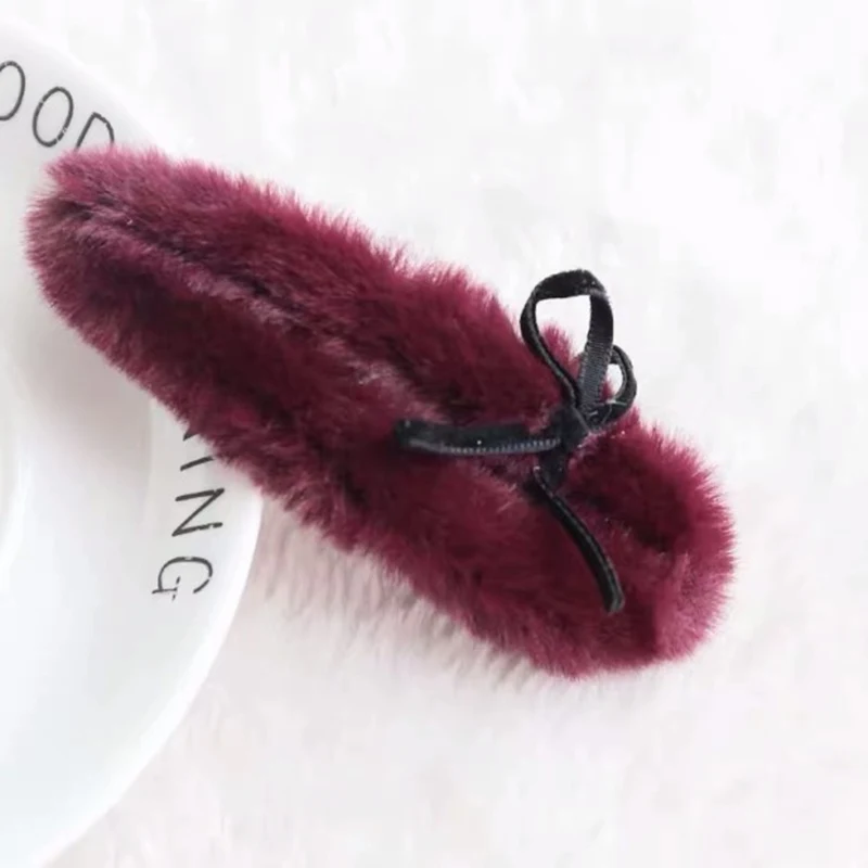 Wine red 1 шт., милая пушистая заколка из искусственного кроличьего меха для маленьких девочек, детская плюшевая повязка для волос, заколки, детские зимние аксессуары для волос - Цвет: Wine red