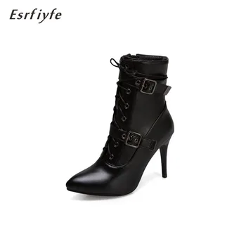 

ESRFIYFE Women Ankle Boots Pointed Toe High Heel Boots Women Shoes Female Sexy Stiletto Boots Two Rows of Buckles Leahter Boots