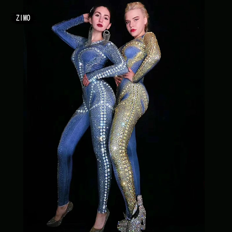 

fashion Silver Gold Rhinestone Long Sleeve Jumpsuit Birthday Celebrate Prom Outfit Women Singer Dancer Costume nightclub Clothes