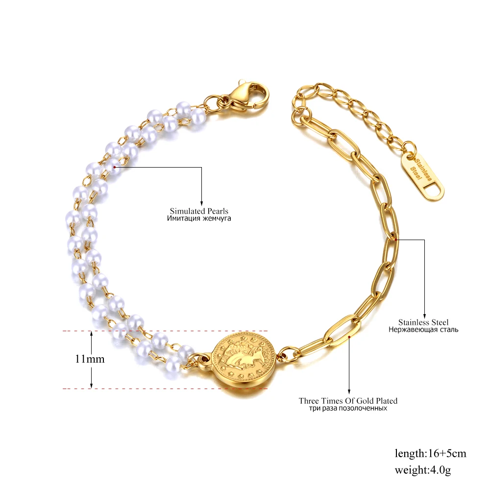JeeMango Vintage Elizabeth Queen Münz-Charm-Armband aus Titan-Edelstahl mit schwarzen Kristallen und Perlen, Kette und Gliedern, Schmuck JB21030 – Detail 1