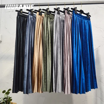 

IUURANUS SOLID COLOR Pleated Skirts Women Autumn Winter Midi Long Korean Elegant High Waist A-line School Skirt Female
