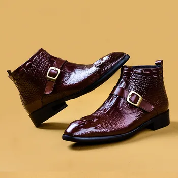 

Crocodile Leather Martin Boots High Top Men's British-Style Retro Short Boots Horse Buckle Business Dress Pointed Leather Boots