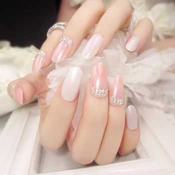 

24 Pieces/box Long Fake Nails Pure Color Pointed Fashion Nails With Small Rhinestones Fake Nails For Party Use
