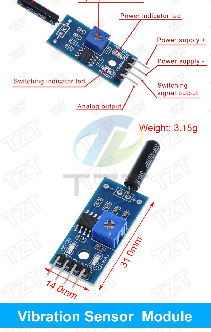 TZT Vibrationssensormodul, normalerweise geöffnet, Typ SW18010P, Vibrationsschalter, Alarmsensormodul für Arduino – Detail 2