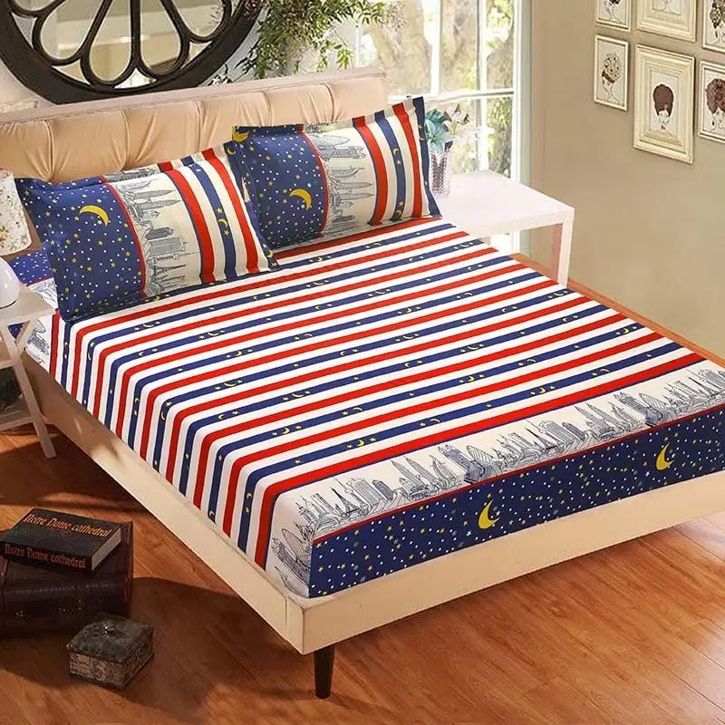 54 3pcs Bed Sheet With Pillowcase Blue Flower Printed Linen Queen Mattress Covers Fitted Sets Elastic | Дом и сад