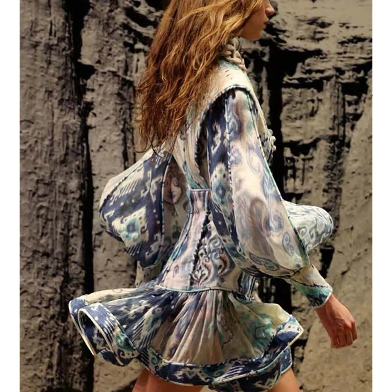 Cosmicchic фонарь с длинным рукавом Бохо льняное короткое платье со стоячим воротником принт рюшами Русалка мини сексуальное винтажное подиумное вечернее платье