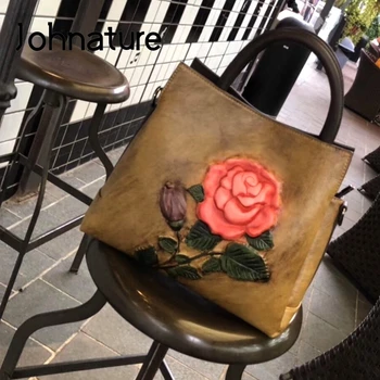 

Johnature 2020 New Retro Women Handbag Painted Fashion Rose Embossed Bucket Bag Vintage Large Capacity Female Shoulder Bags