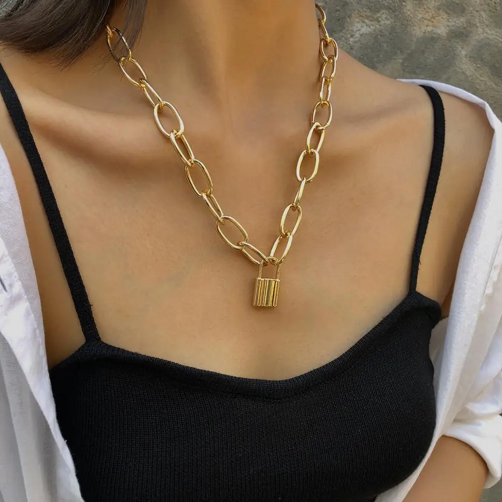 Móvil tapa marido Collar con candado de Color dorado para mujer, cadena de eslabones, grande,  largo, a la moda _ - AliExpress Mobile