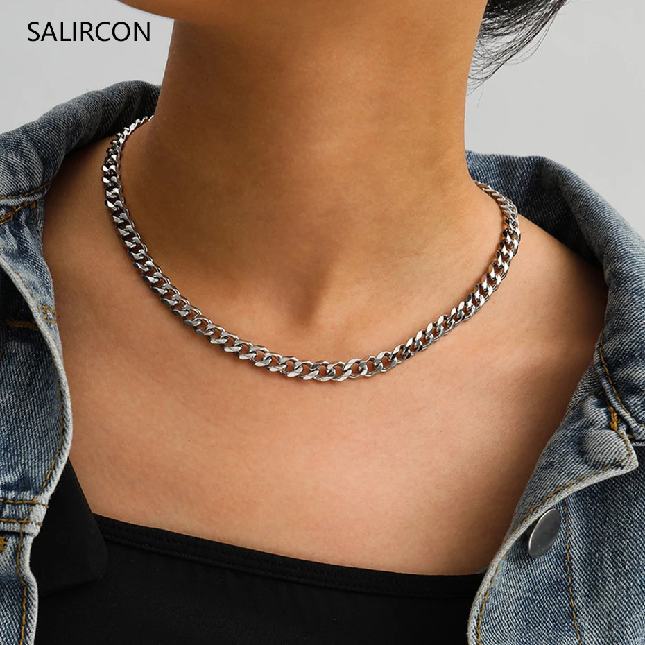 Массивное ожерелье Salircon из кубинской цепи в стиле панк серебряного цвета